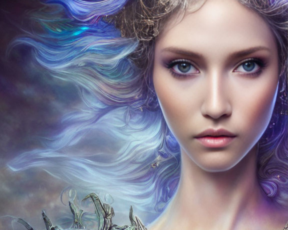 Fantasy illustration: Woman with blue hair and ornate armor in mystical aura.