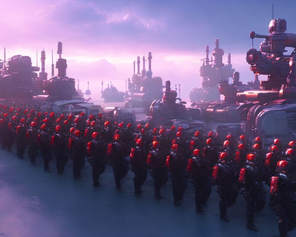 Soldiers in Red Armor March through Futuristic Industrial Landscape