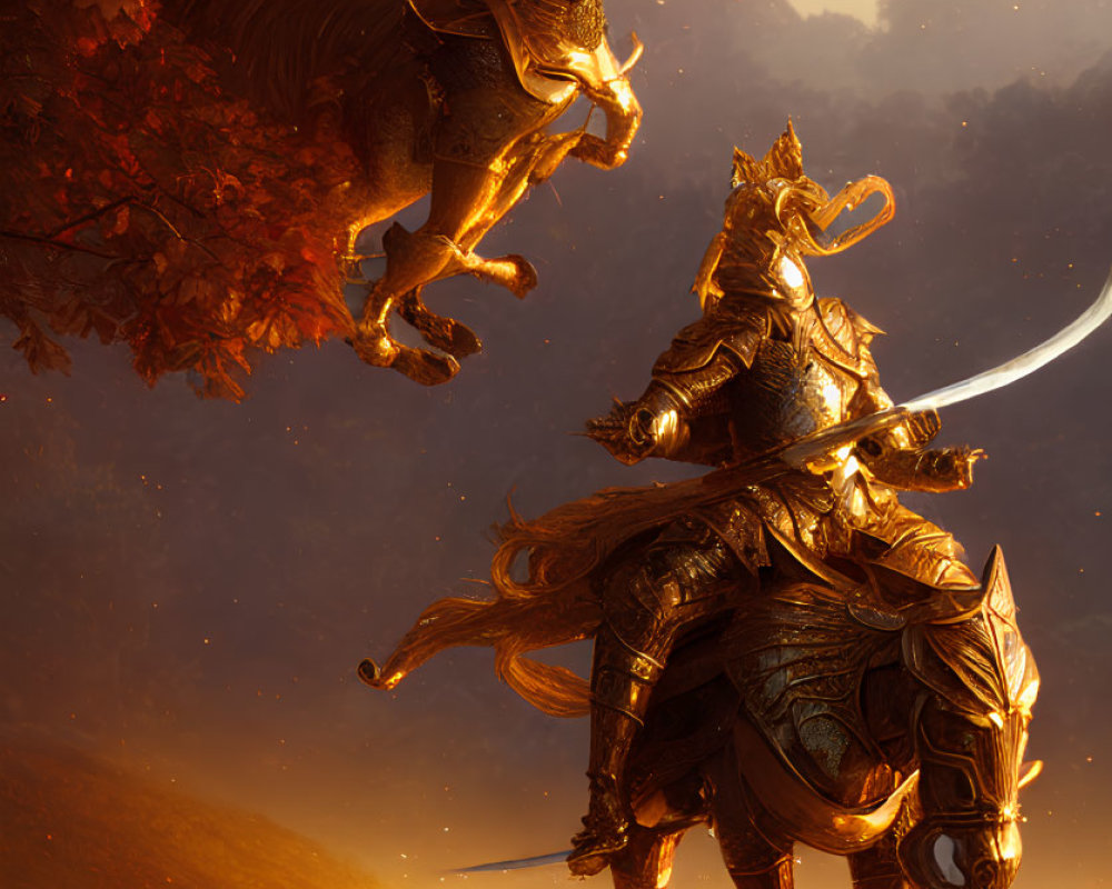 Golden-armored knight on horse wields sword under fiery sky
