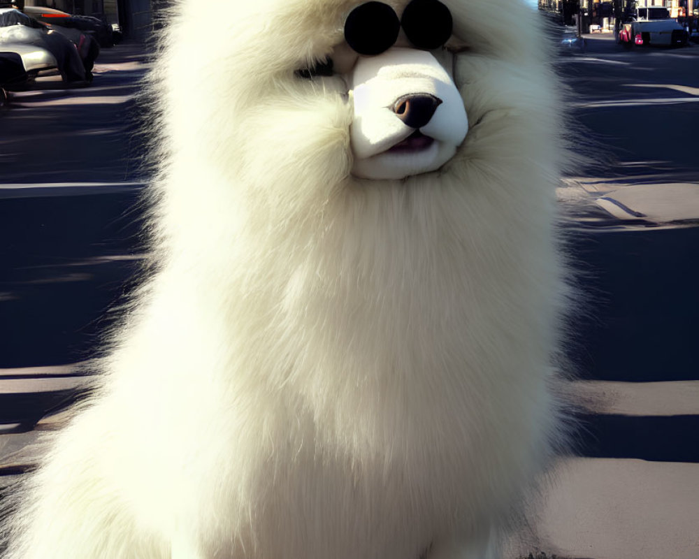 Fluffy white dog in sunglasses on city street with cars and buildings