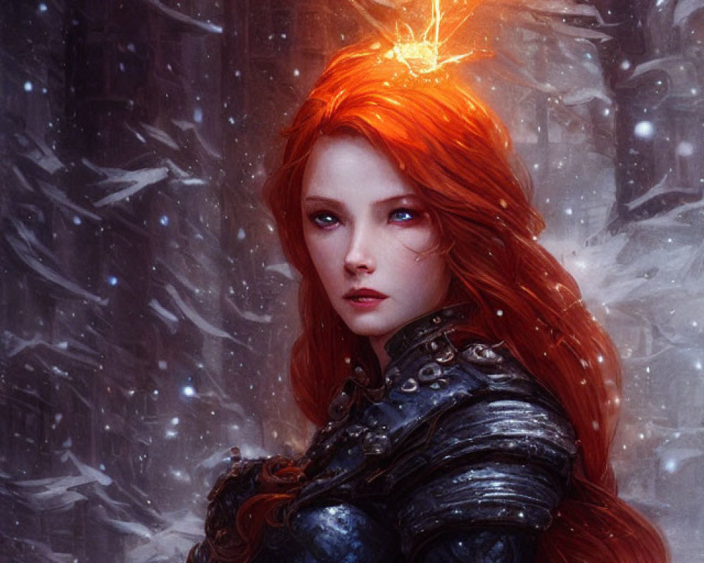 Red-haired female warrior with glowing orb in snowy landscape