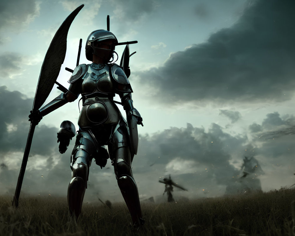 Armored warrior with spear in stormy sky battle scene
