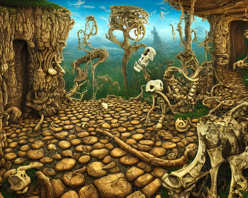 Fantastical landscape with skull-faced trees and stone path