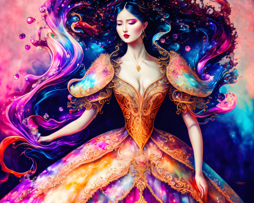 Colorful digital artwork: Woman with multicolored hair and cosmic-floral dress