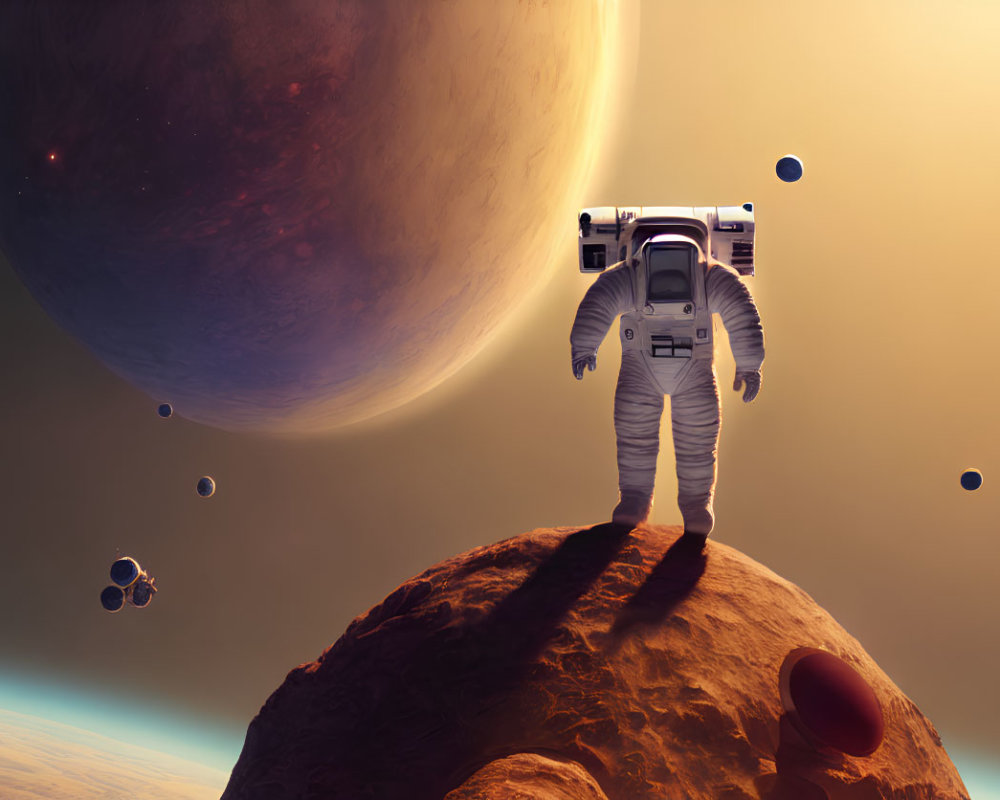 Astronaut on rocky alien surface gazes at distant planet and moons