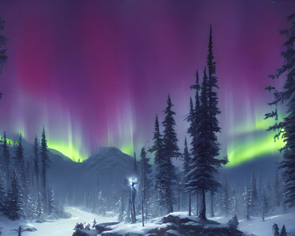 Snowy Night Landscape: Northern Lights Over Pine Trees & Mountain