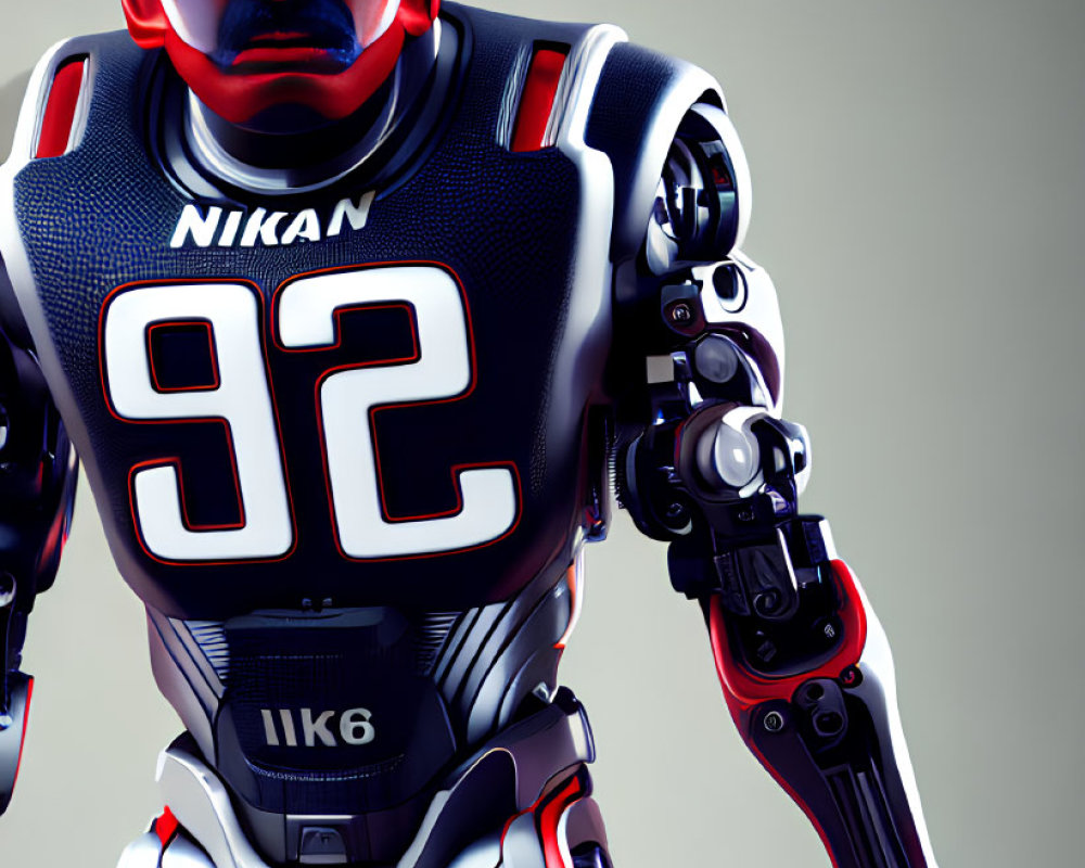 Futuristic robot with sports-themed design and red-accented mechanical limbs
