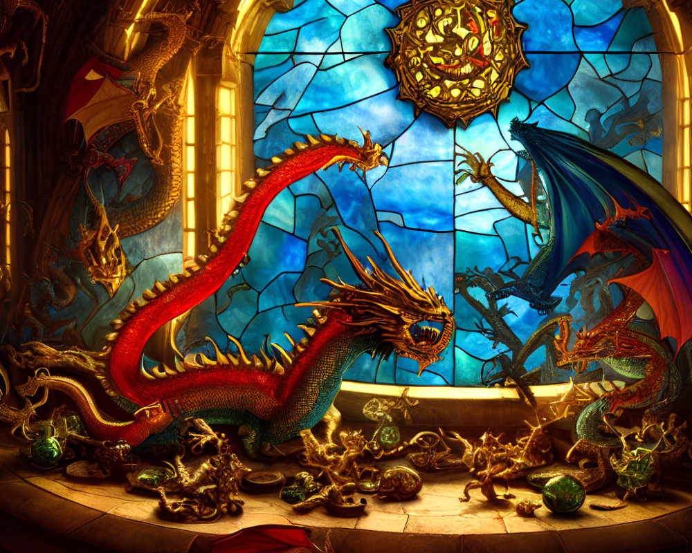 Dragon-themed artwork in Gothic cathedral with stained glass windows