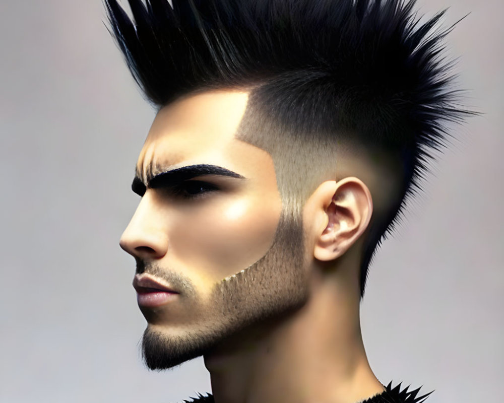 Stylized portrait of male figure with spiked mohawk and groomed beard