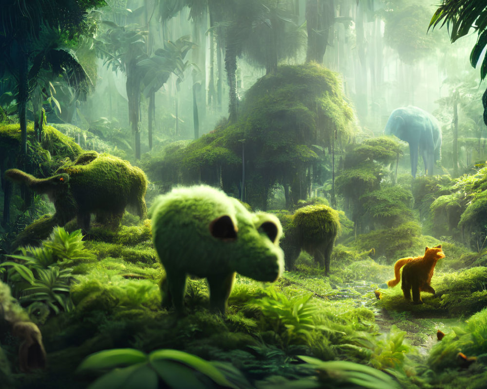 Enigmatic Forest Scene with Moss-Covered Creatures and Bear-Like Figure