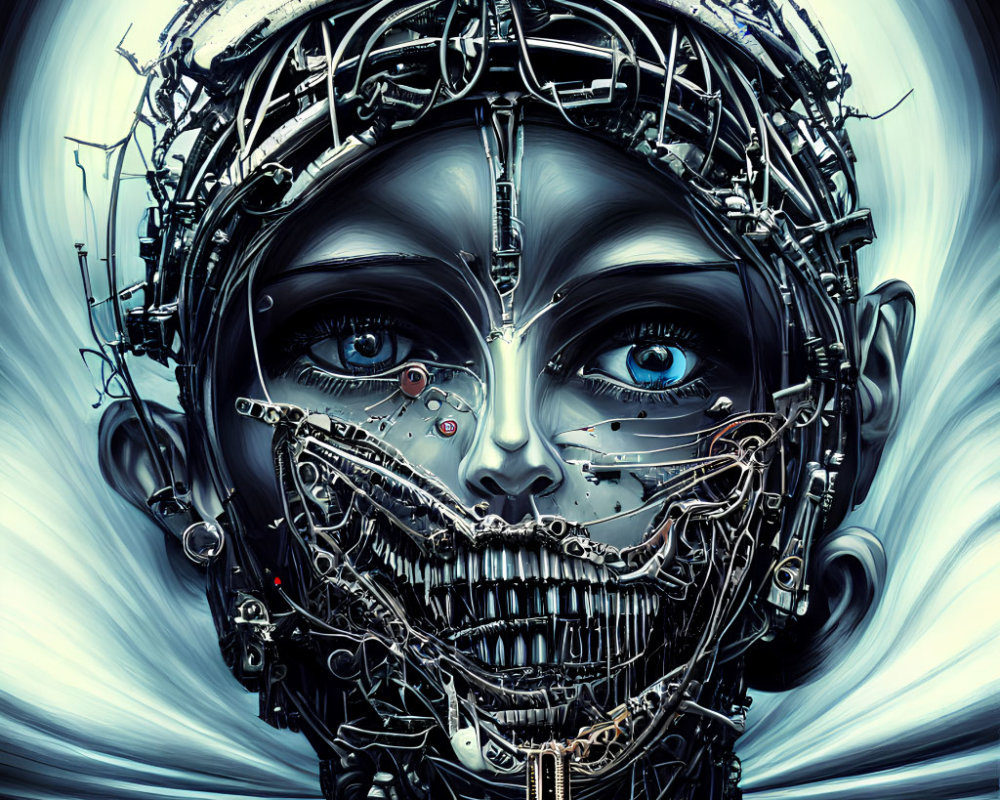 Digital artwork: Female face with cybernetic enhancements on blue background