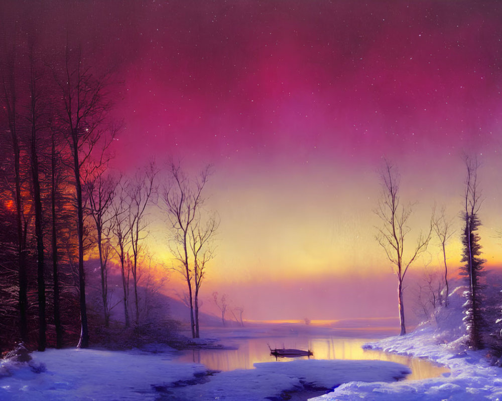 Snowy Twilight Landscape: Bare Trees, Colorful Sky, Small Boat