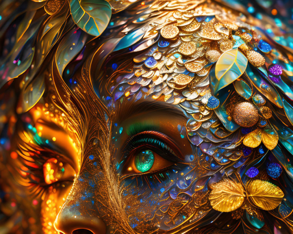 Colorful close-up portrait of a woman with gold and blue patterns and leaf motifs.