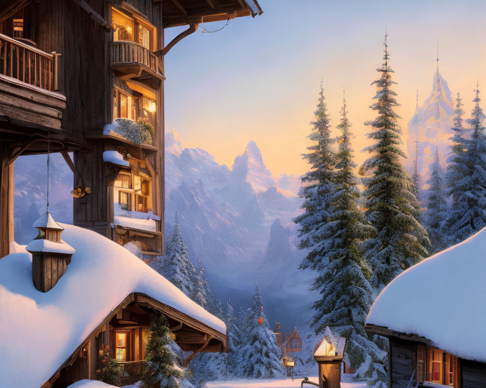 Snow-covered alpine village at golden hour with chalets, fir trees, and distant mountain peaks.