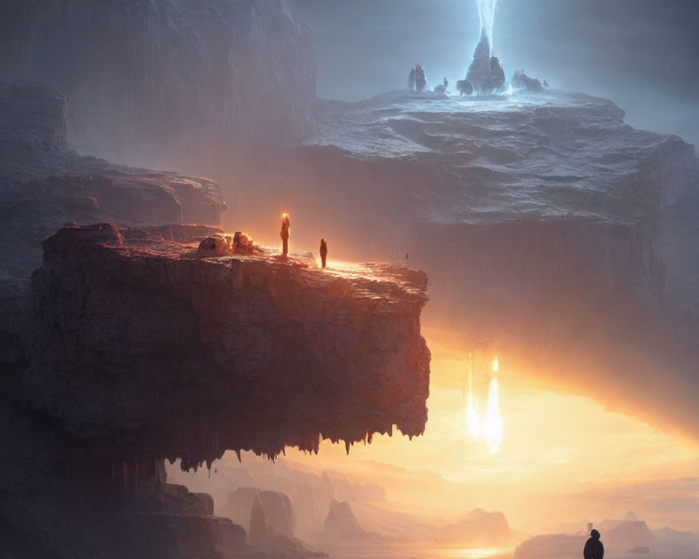 Explorers on rocky outcrop with waterfall and glowing light beams