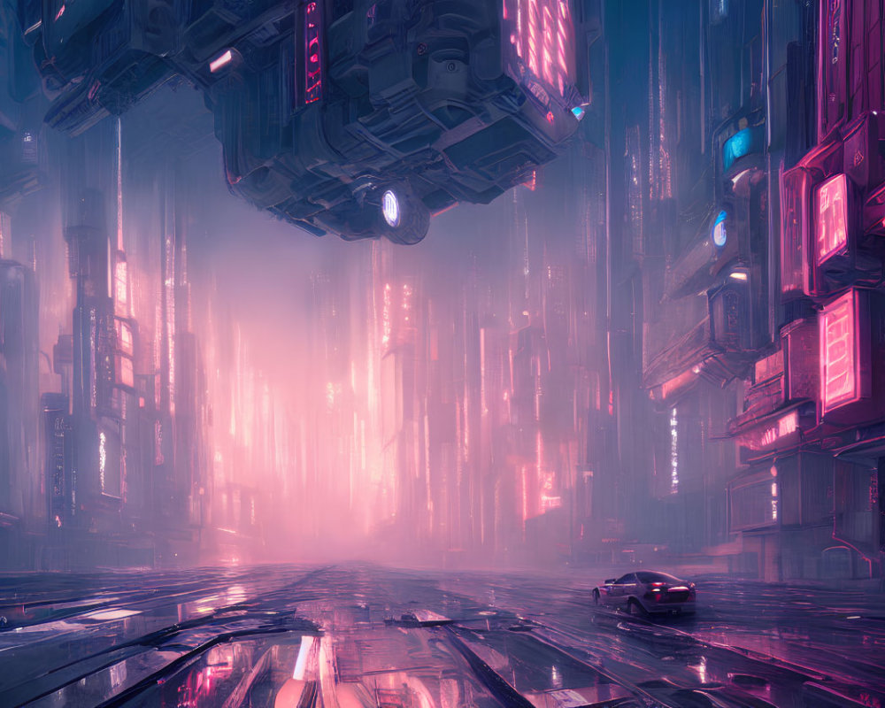 Futuristic cityscape with skyscrapers, neon signs, and hovering structure