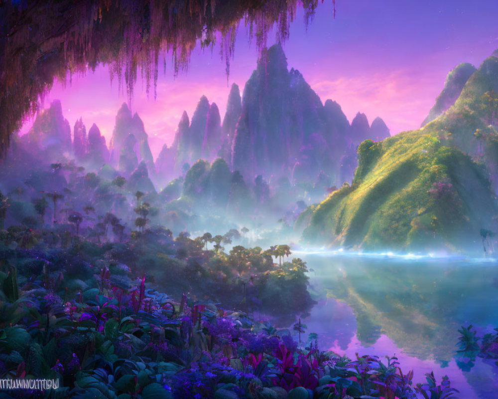 Mystical landscape with purple skies, misty mountains, lush greenery, and reflective lake