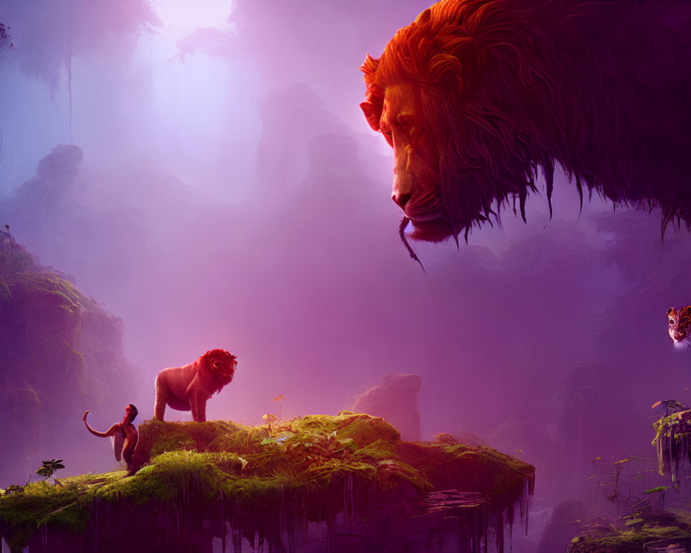Fantastical landscape with oversized lion's head, lion, tiger, and monkey under purple sky