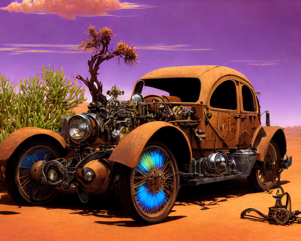 Steampunk-inspired digital artwork of a desert scene with intricate gears and glowing blue wheels