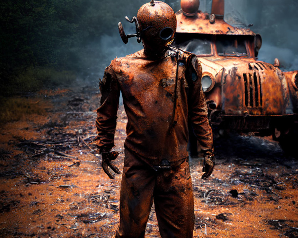 Rusted diving suit figure by derelict vehicle in misty landscape