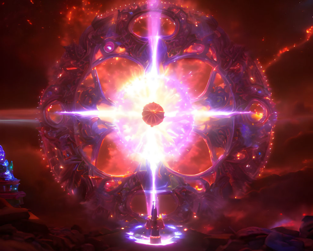 Fantastical portal with energy beams in a tumultuous sky