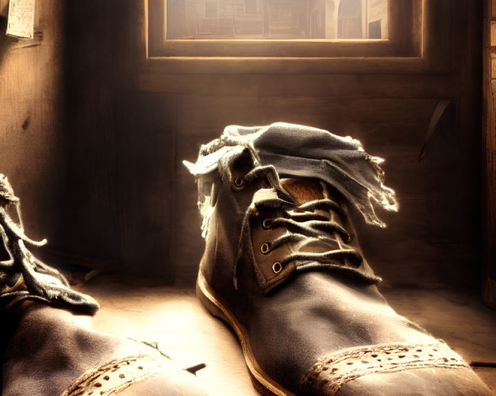 Vintage-Style Boots on Wooden Floor by Window with Warm Light and Blurred Outdoor Background