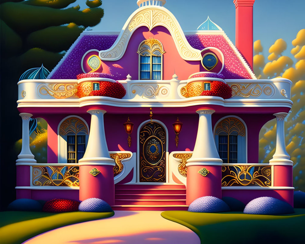 Vibrant pink cartoonish house with fantasy style details