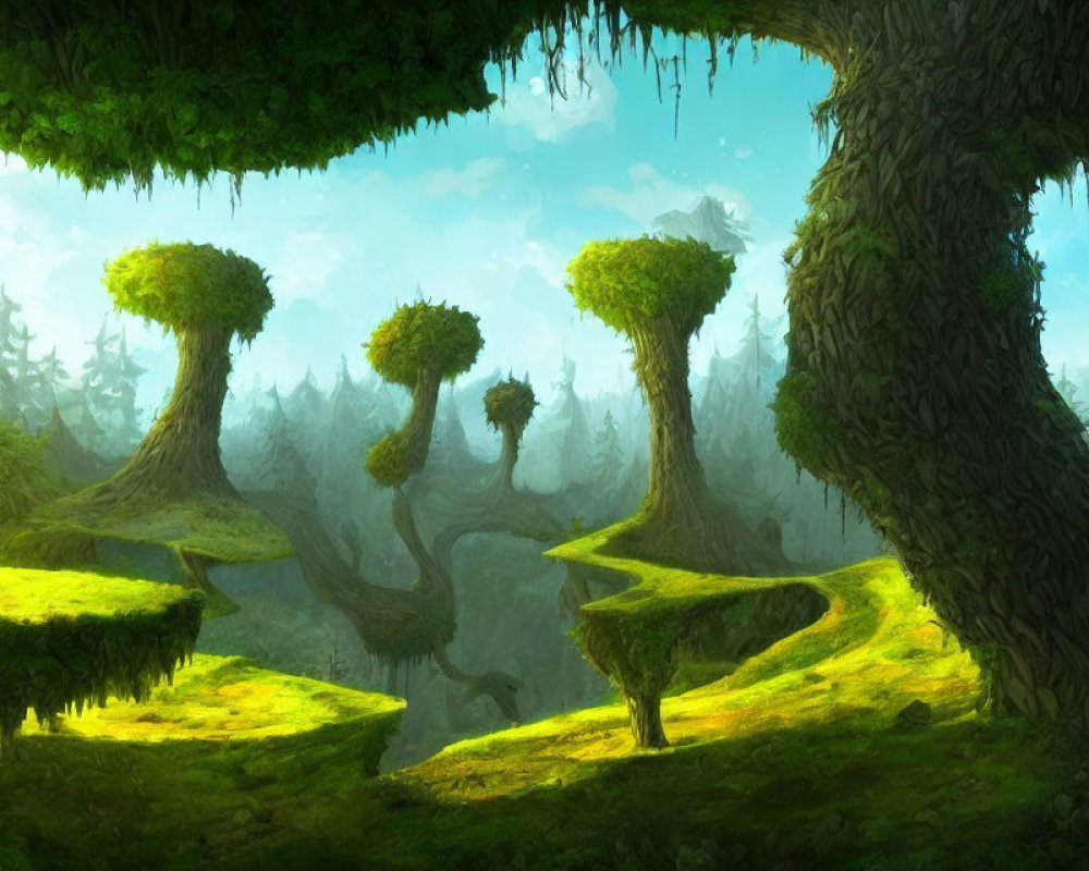 Enchanting Fantasy Forest with Winding Trees and Floating Islands