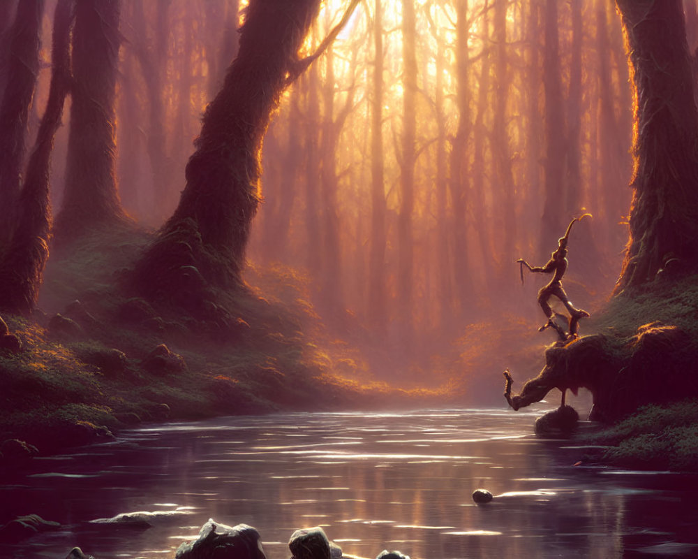 Tranquil forest scene with tall trees, gentle river, misty sunlight, and person in contempl