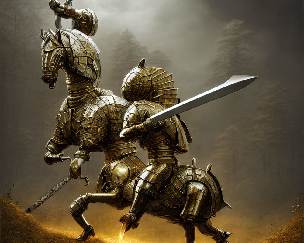Knight on Horseback in Matching Plate Armor with Long Sword in Misty Forest
