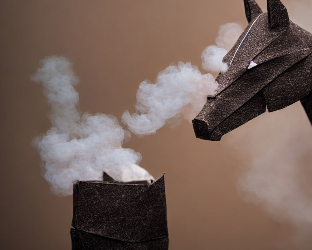 Smoke-breathing Origami Dragon on Brown Background