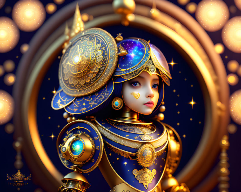 Stylized robotic figure with celestial theme and golden armor.