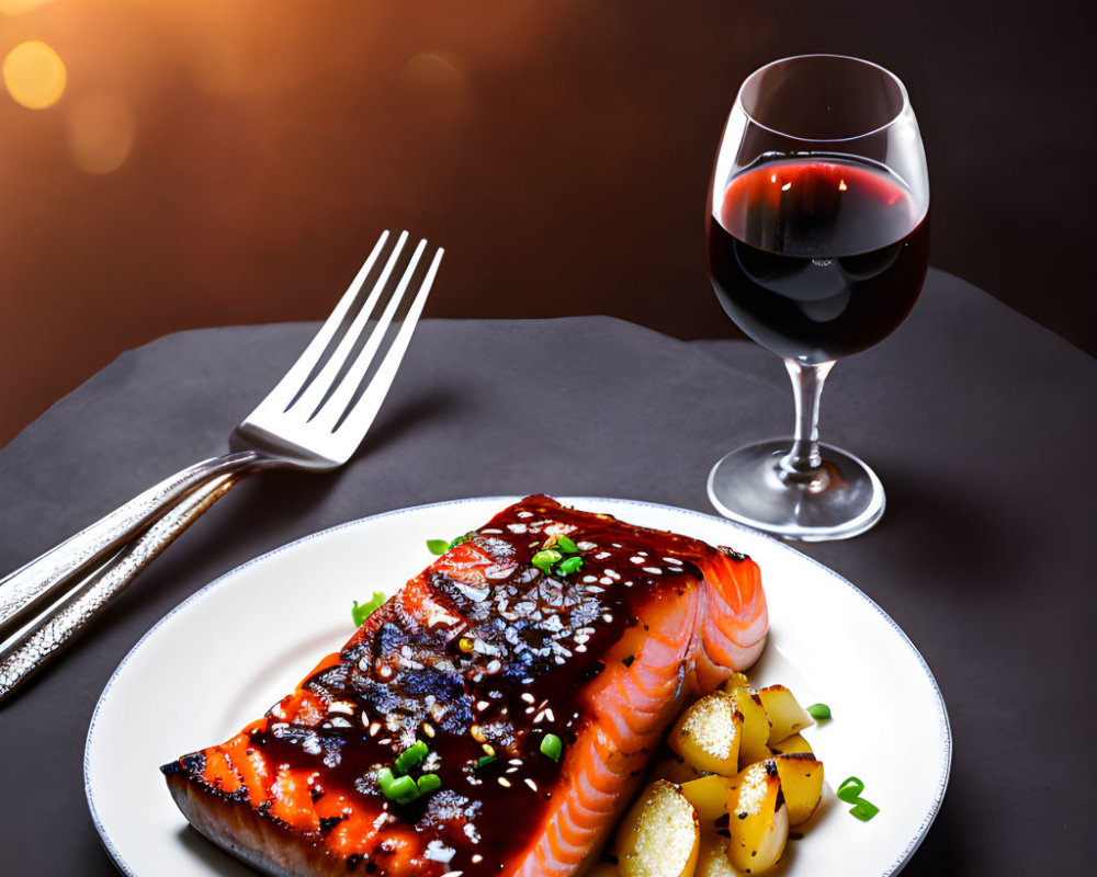 Grilled Salmon with Sesame Glaze, Greens, Potatoes, and Red Wine