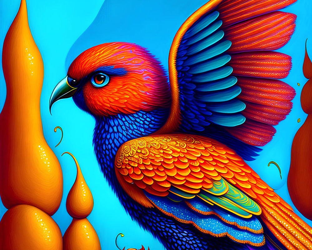 Colorful Bird Illustration with Orange and Blue Feathers on Abstract Golden Shapes Background