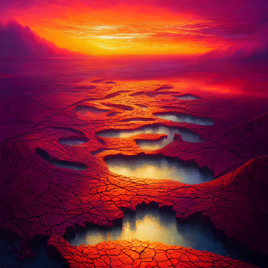 Vivid red lava flows with glowing cracks under dramatic sunset sky