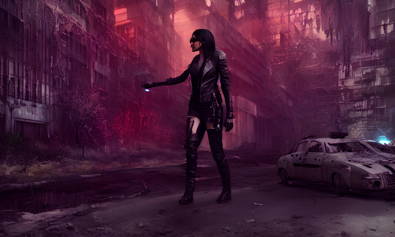 Woman in black outfit in dystopian cityscape with ruined buildings and wrecked car holding glowing blue device