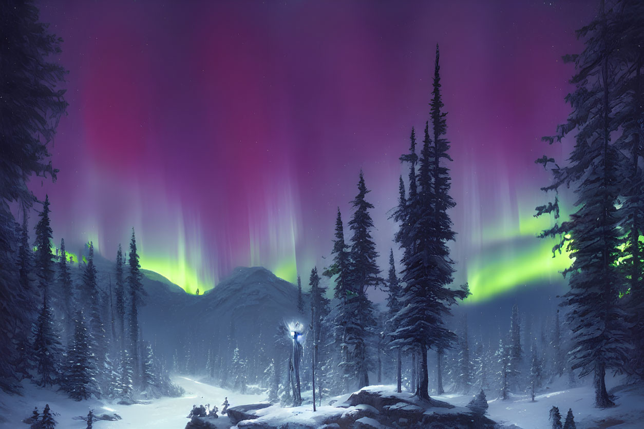 Snowy Night Landscape: Northern Lights Over Pine Trees & Mountain