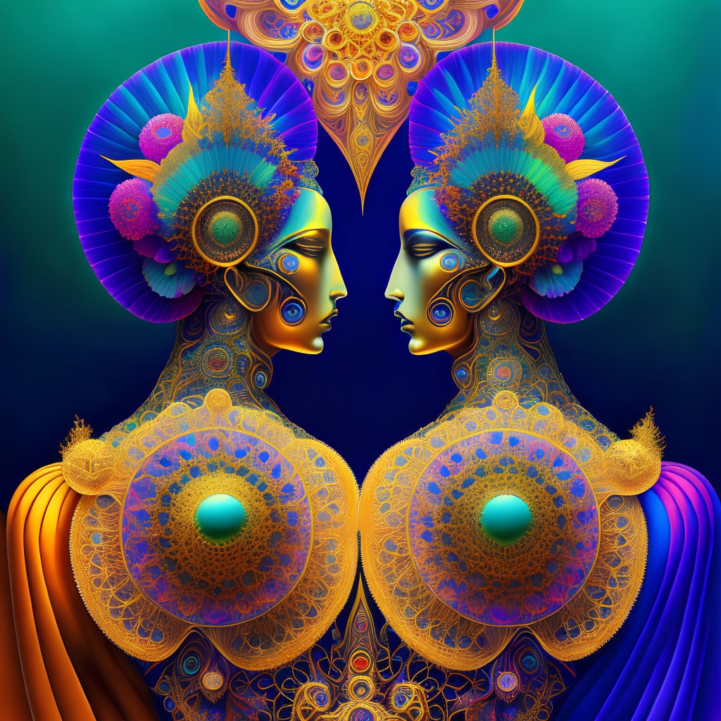 Symmetrical digital art with mirrored figures in golden and peacock-blue attire