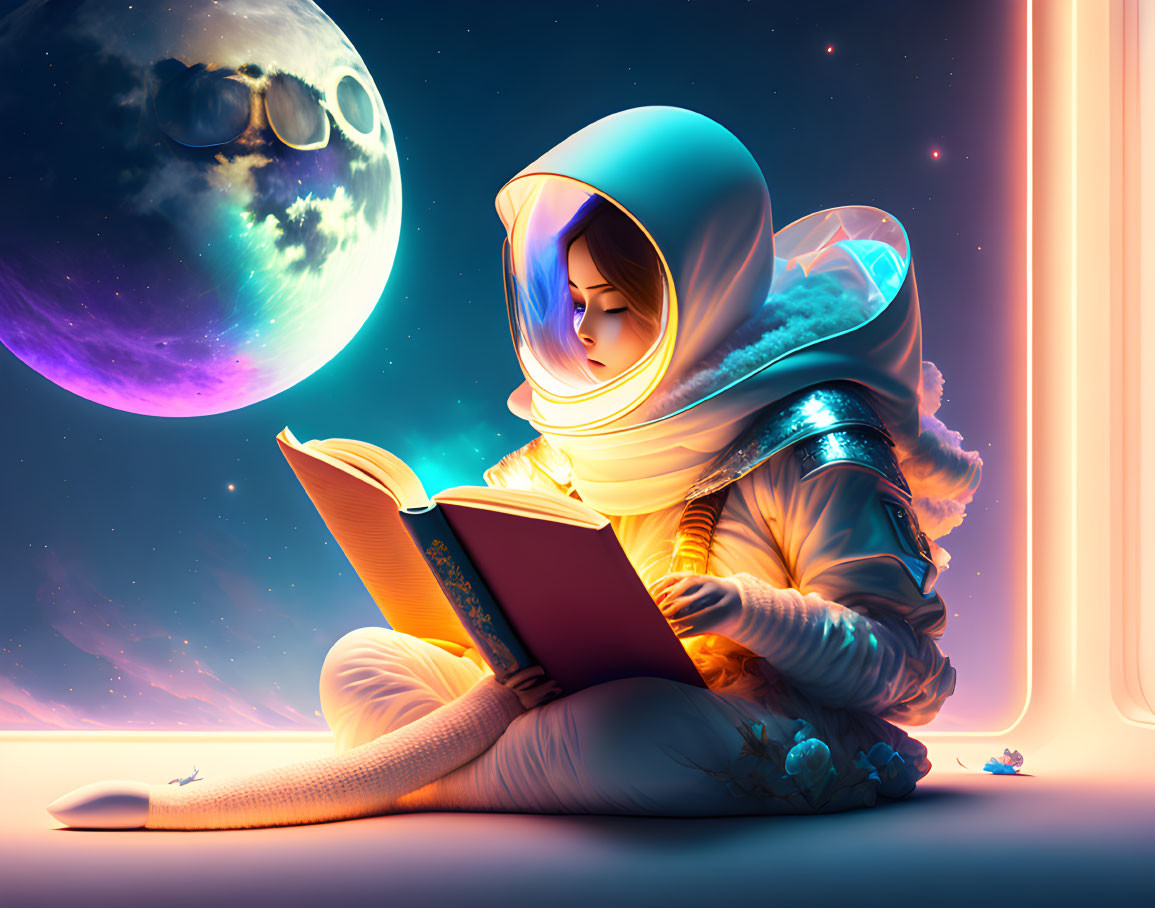 Astronaut reading book with moon and stars backdrop