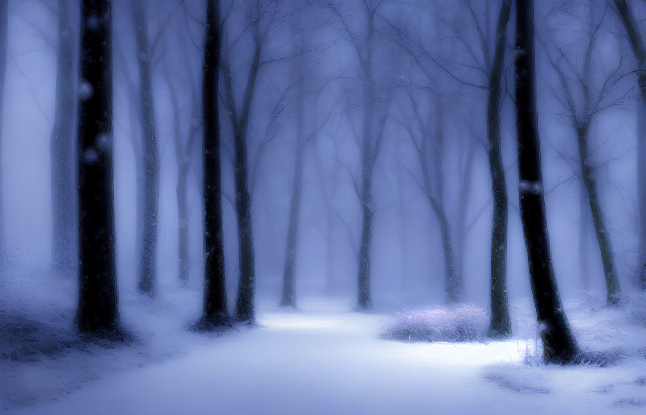 Snowy forest with illuminated pathway in misty ambiance