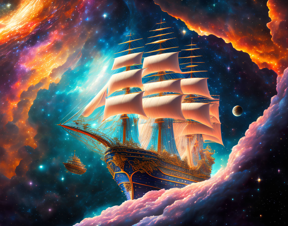 Majestic sailing ship in vibrant cosmic landscape