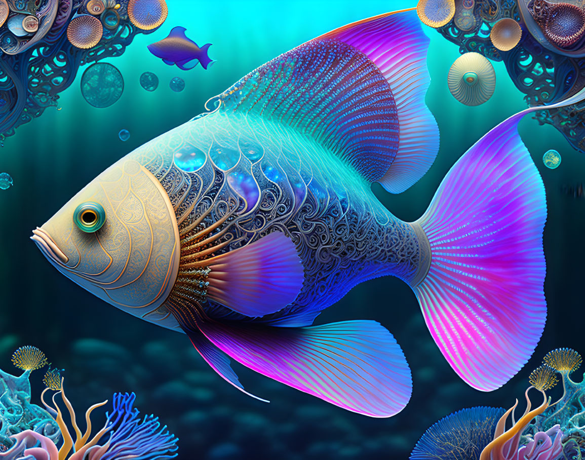 Colorful digital illustration of ornate fish in vibrant underwater scene