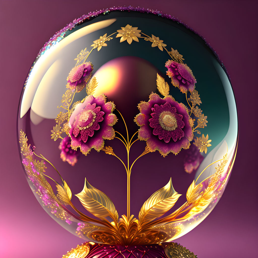 Colorful digital illustration: Glass sphere with golden floral patterns and purple flowers on purple backdrop