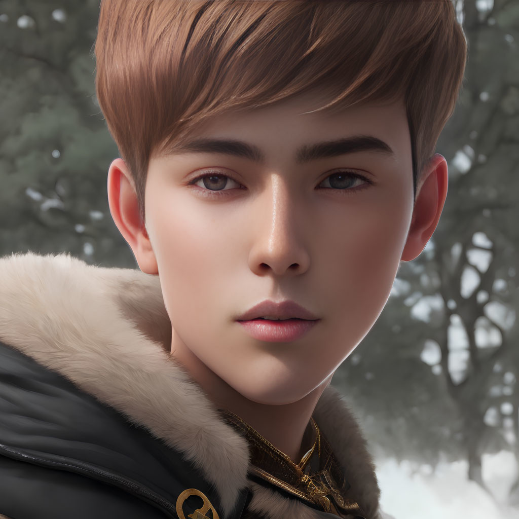 Young person with short hair in fur coat and gold necklace against snowy forest.