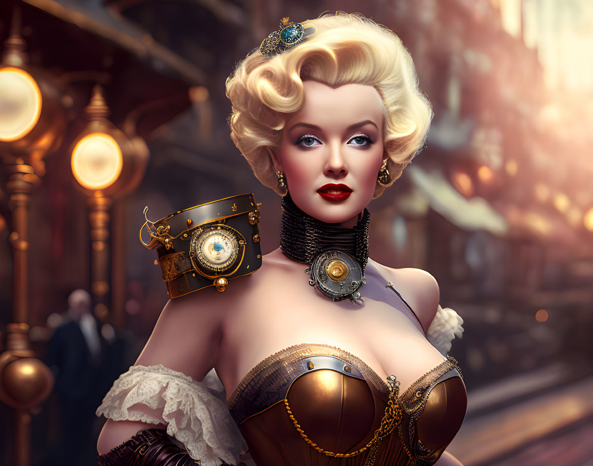 Blonde woman in steampunk attire with metallic corset and gear armband