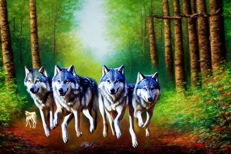 Pack of Wolves Running in Green Forest with Small White Figure