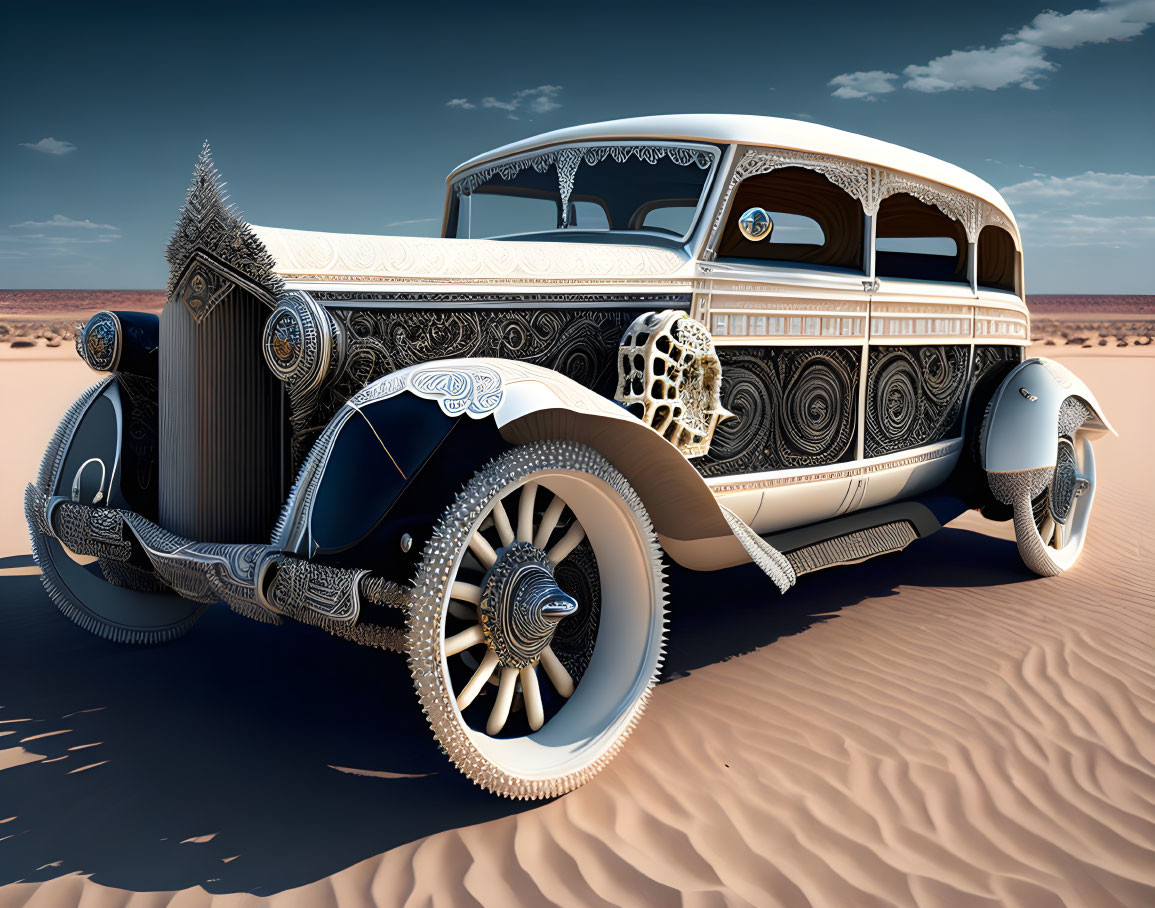 Vintage Car with Lace Pattern Designs in Sandy Desert