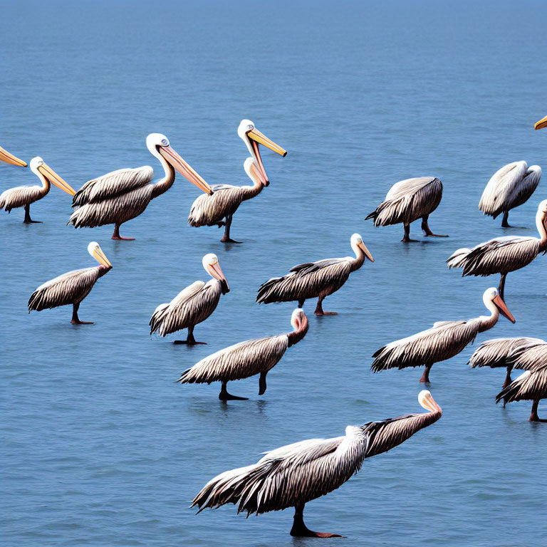Pelicans Floating on Calm Blue Water