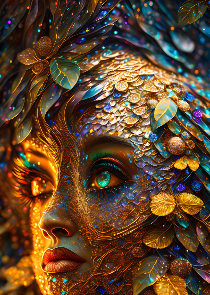Colorful close-up portrait of a woman with gold and blue patterns and leaf motifs.