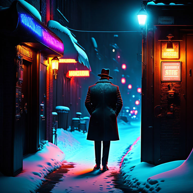 Person in trench coat and hat on snowy street at night with neon-lit shop signs and glowing lights